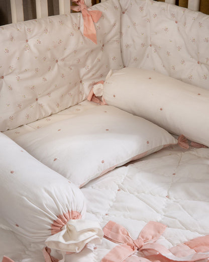 Aplito Baby Cot Bumper-Bows and Peaches-100% Organic Poplin Cotton-White-For Infants