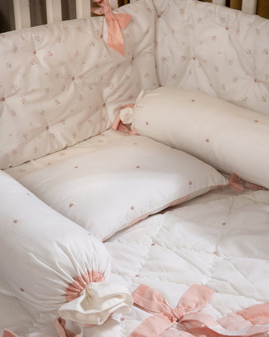 Aplito Baby Cot Bumper-Bows and Peaches-100% Organic Poplin Cotton-White-For Infants