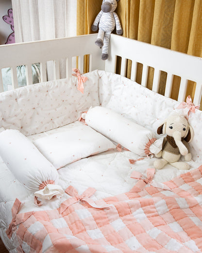 Aplito Baby Cot Bumper-Bows and Peaches-100% Organic Poplin Cotton-White-For Infants