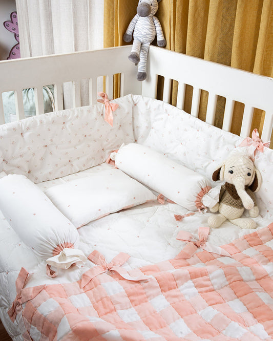 Aplito Baby Cot Bumper-Bows and Peaches-100% Organic Poplin Cotton-White-For Infants