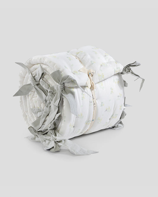 Aplito Baby Cot Bumper-Bows and Greens-100% Organic Poplin Cotton-White-For Infants