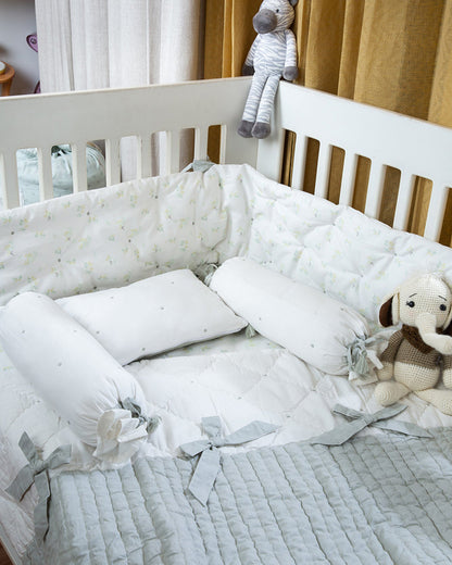 Aplito Baby Cot Bumper-Bows and Greens-100% Organic Poplin Cotton-White-For Infants