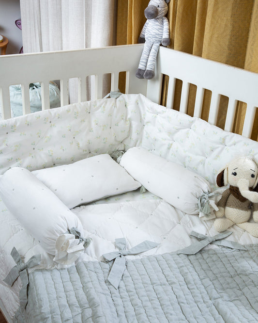 Aplito Baby Cot Bumper-Bows and Greens-100% Organic Poplin Cotton-White-For Infants