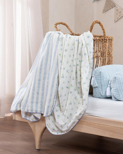 Aplito Baby Blanket Set-Petal Kiss-100% Organic Muslin Cotton-White & Blue-Pack of 2-For Infants