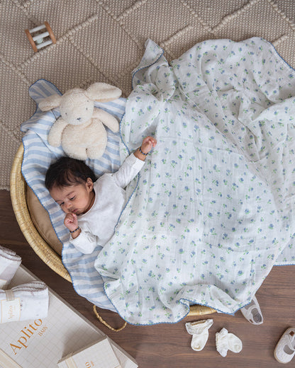 Aplito Baby Swaddle Set-Petal Kiss-100% Organic Muslin Cotton-White & Light Blue-Pack of 2-For Infants