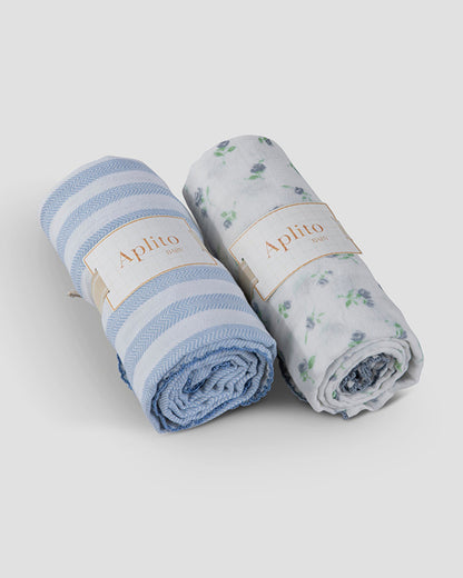Aplito Baby Swaddle Set-Petal Kiss-100% Organic Muslin Cotton-White & Light Blue-Pack of 2-For Infants