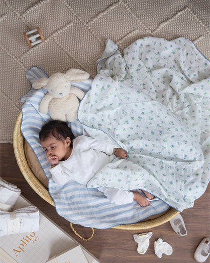 Aplito Baby Swaddle Set-Petal Kiss-100% Organic Muslin Cotton-White & Light Blue-Pack of 2-For Infants