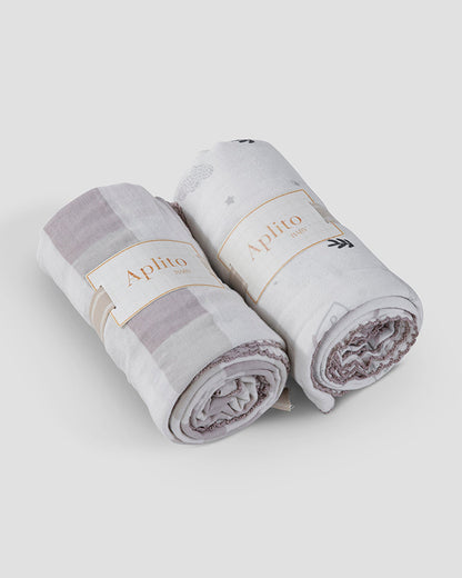 Aplito Baby Swaddle Set-Bear Love-100% Organic Muslin Cotton-White & Lavender-Pack of 2-For Infants