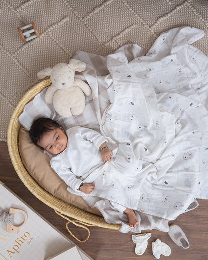 Aplito Baby Swaddle Set-Bear Love-100% Organic Muslin Cotton-White & Lavender-Pack of 2-For Infants