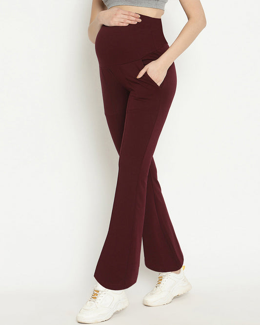 Wobbly Walk Wine Berry Maternity Trouser-Solid Color-French Terry-Boot Cut-Bump Friendly