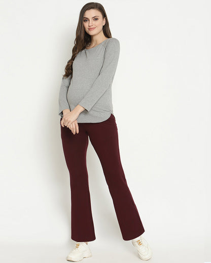 Wobbly Walk Wine Berry Maternity Trouser-Solid Color-French Terry-Boot Cut-Bump Friendly