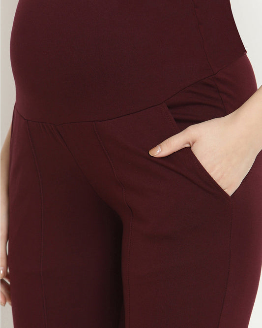 Wobbly Walk Wine Berry Maternity Trouser-Solid Color-French Terry-Boot Cut-Bump Friendly