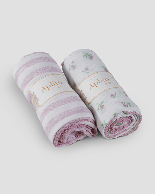 Aplito Baby Swaddle Set-Rosy Whisper-100% Organic Muslin Cotton-White & Pastel Pink-Pack of 2-For Infants