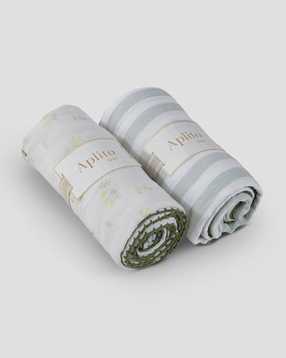 Aplito Baby Swaddle Set-Bows and Green-100% Organic Muslin Cotton-White & Mint-Pack of 2-For Infants