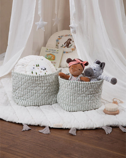 Aplito Baby Quilted Storage Basket Set-Soft Fern Stripes-Perfect Storage Bag For Toys, Diapers & Clothes