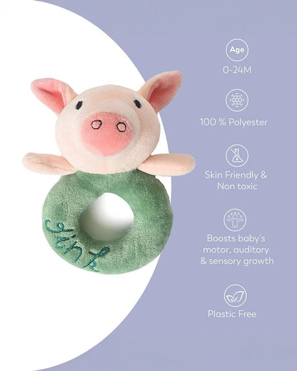 Mi Arcus Farm Friends Pink & Green Oink Ring Rattle Toy-Improves Sensory Growth-For Infants