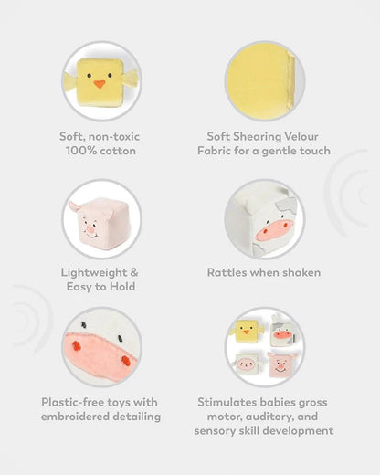 Mi Arcus Farm Friends Animal Face Cubes-Soft Toy-100% Cotton-Pack of 4-Plush Cuddly Toy For Newborn