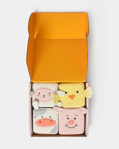 Mi Arcus Farm Friends Animal Face Cubes-Soft Toy-100% Cotton-Pack of 4-Plush Cuddly Toy For Newborn