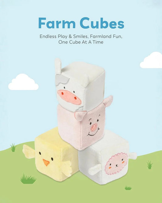 Mi Arcus Farm Friends Animal Face Cubes-Soft Toy-100% Cotton-Pack of 4-Plush Cuddly Toy For Newborn