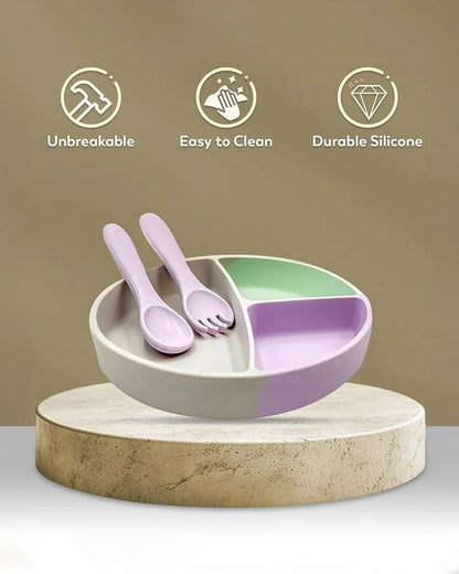 Mi Arcus Mummy & Me Zody Silicon Plate, Spoon & Fork Set-Multicolor-6 to 48M-Meal Set