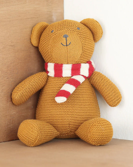 Pluchi Mustard Baby Bear with Scarf Cotton Knitted Soft Toy-Promotes Visual Stimulation-Plush Cuddly Toy For Newborn