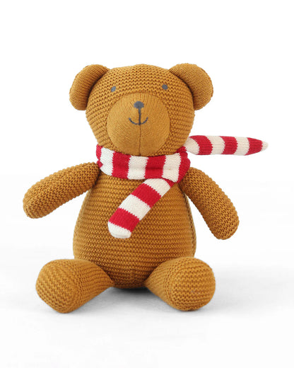 Pluchi Mustard Baby Bear with Scarf Cotton Knitted Soft Toy-Promotes Visual Stimulation-Plush Cuddly Toy For Newborn