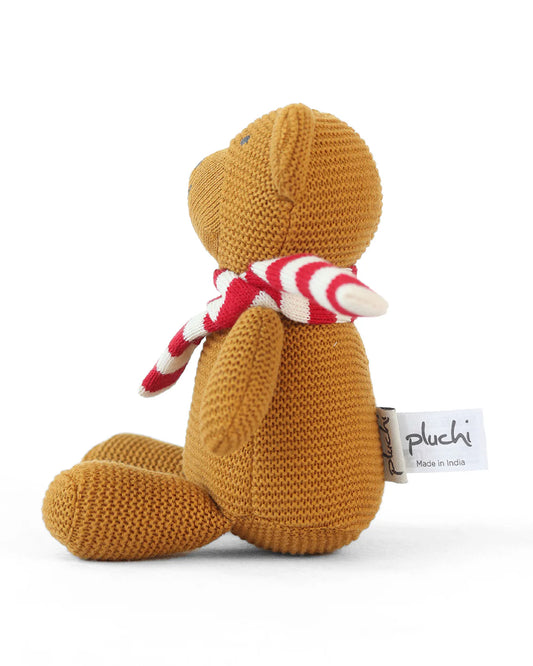 Pluchi Mustard Baby Bear with Scarf Cotton Knitted Soft Toy-Promotes Visual Stimulation-Plush Cuddly Toy For Newborn