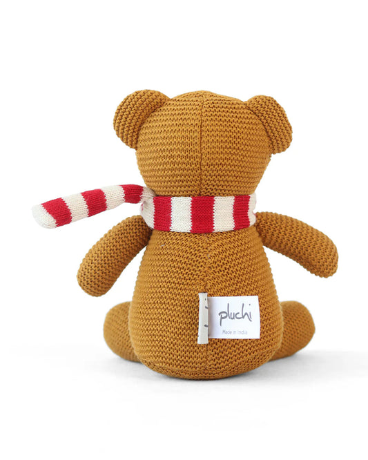 Pluchi Mustard Baby Bear with Scarf Cotton Knitted Soft Toy-Promotes Visual Stimulation-Plush Cuddly Toy For Newborn