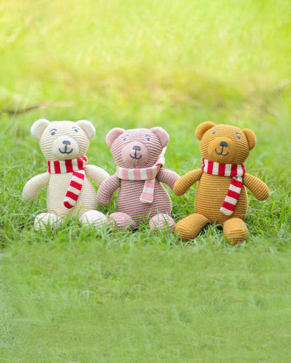 Pluchi Mustard Baby Bear with Scarf Cotton Knitted Soft Toy-Promotes Visual Stimulation-Plush Cuddly Toy For Newborn