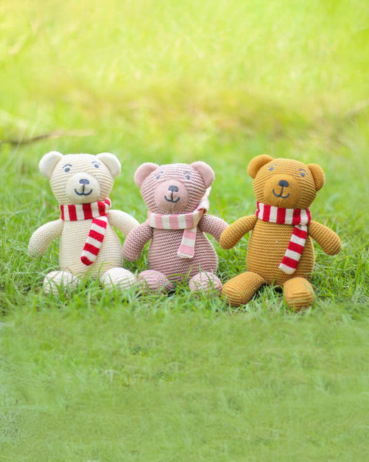 Pluchi Mustard Baby Bear with Scarf Cotton Knitted Soft Toy-Promotes Visual Stimulation-Plush Cuddly Toy For Newborn