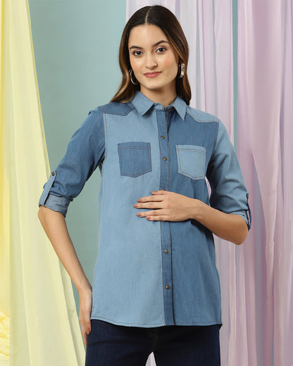 Wobbly Walk Dual Shade Maternity Nursing Shirt-Solid Color-Denim-Bump Friendly