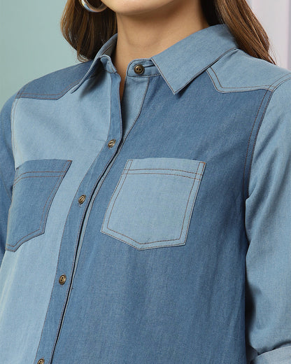 Wobbly Walk Dual Shade Maternity Nursing Shirt-Solid Color-Denim-Bump Friendly