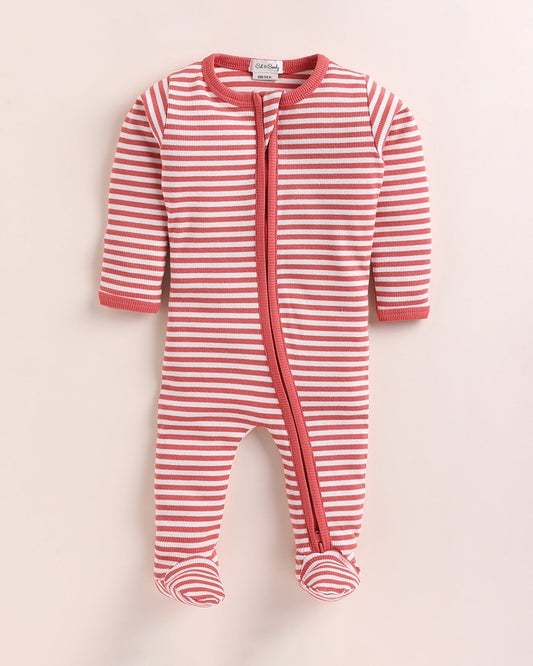 Cot & Candy Baby Red Sleepsuit-Berry Stripe-Organic Cotton-For Infants
