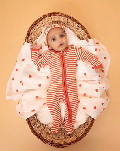 Cot & Candy Baby Red Sleepsuit-Berry Stripe-Organic Cotton-For Infants