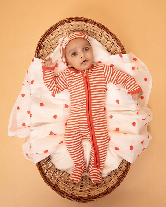 Cot & Candy Baby Red Sleepsuit-Berry Stripe-Organic Cotton-For Infants