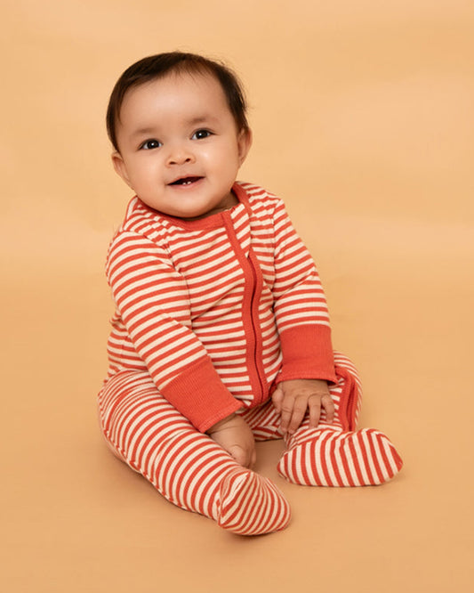 Cot & Candy Baby Red Sleepsuit-Berry Stripe-Organic Cotton-For Infants