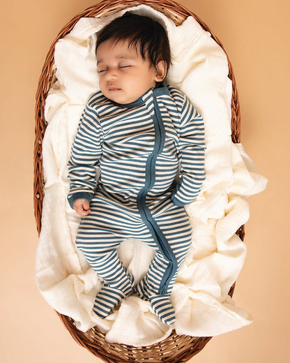 Cot & Candy Baby Teal Sleepsuit-Stripe-Organic Cotton-For Infants