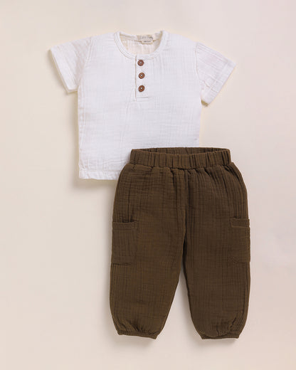 Cot & Candy Baby Ecru Short Sleeve T-shirt & Jogger Set-Solid-Muslin-For Infants