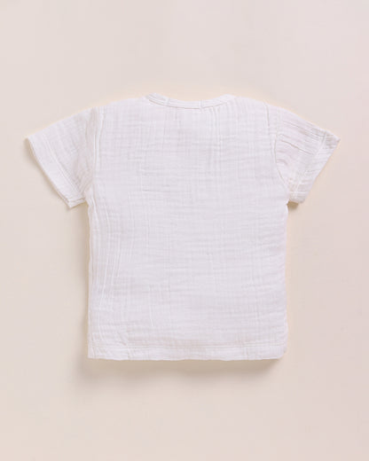 Cot & Candy Baby Ecru Short Sleeve T-shirt & Jogger Set-Solid-Muslin-For Infants