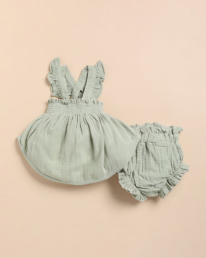 Cot & Candy Baby Sage Green Top & Bloomer Set-Solid-Muslin-For Infants