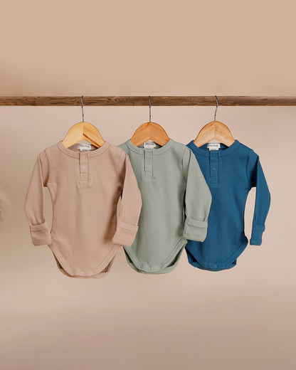 Cot & Candy Baby latte, Sage & Denim Bodysuits-Striped-Organic Cotton-Pack of 3-For Infants