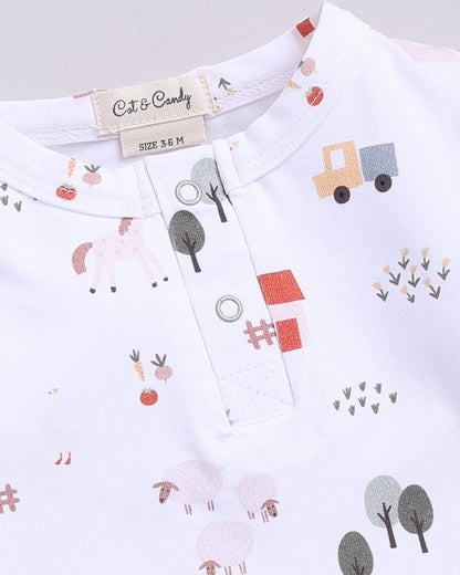 Cot & Candy Baby White Long Sleeve Bodysuit-Farm Animal-Organic Cotton-For Infants