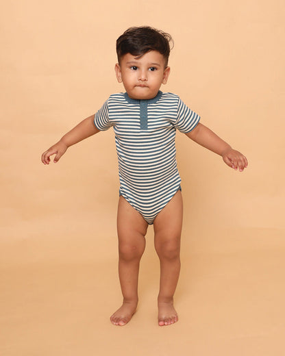 Cot & Candy Baby Navy Blue Bodysuit-Teal Stripe-Organic Cotton-For Infants
