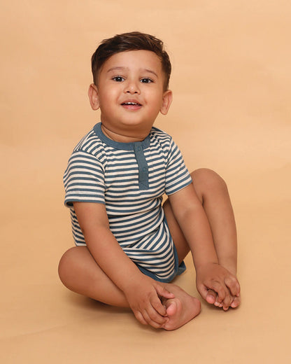 Cot & Candy Baby Navy Blue Bodysuit-Teal Stripe-Organic Cotton-For Infants