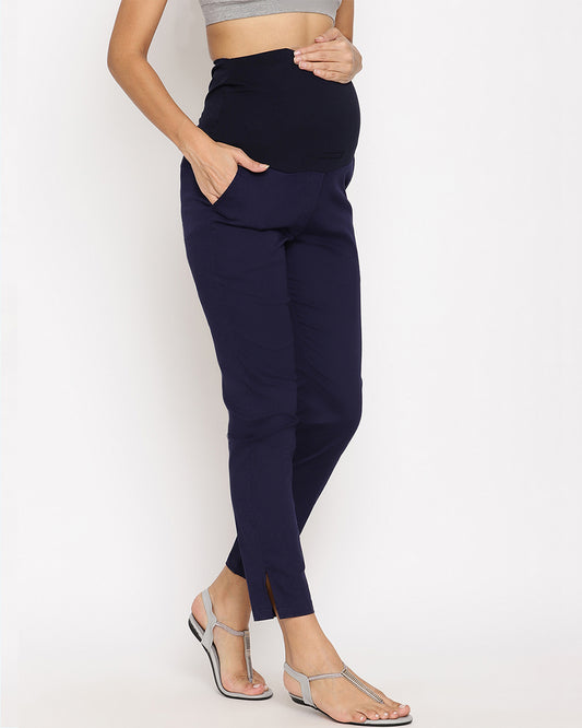 Wobbly Walk Navy Blue Maternity Trouser-Solid Color-Poplin Cotton Lycra-Straight Fit-Bump Friendly