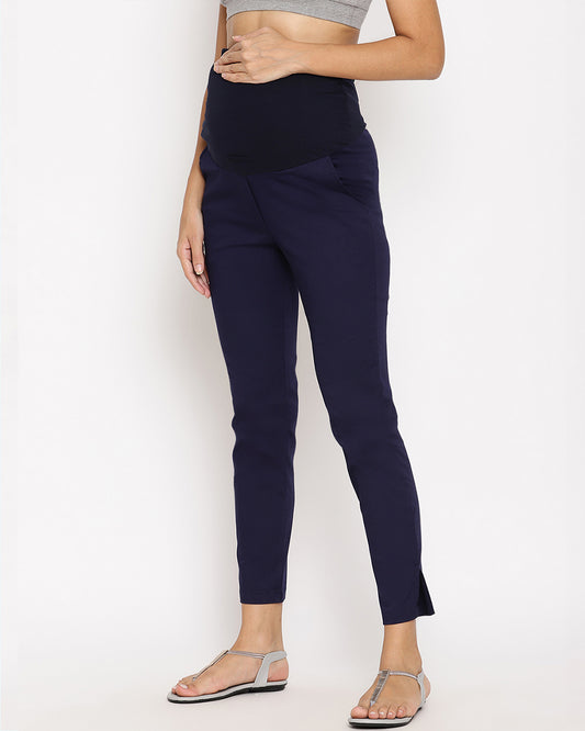 Wobbly Walk Navy Blue Maternity Trouser-Solid Color-Poplin Cotton Lycra-Straight Fit-Bump Friendly