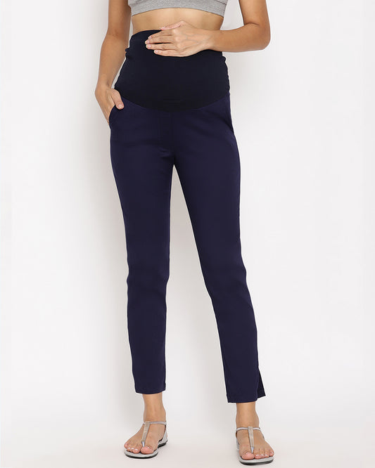 Wobbly Walk Navy Blue Maternity Trouser-Solid Color-Poplin Cotton Lycra-Straight Fit-Bump Friendly