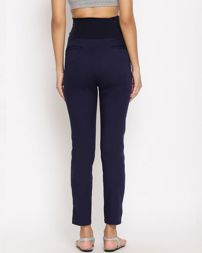 Wobbly Walk Navy Blue Maternity Trouser-Solid Color-Poplin Cotton Lycra-Straight Fit-Bump Friendly