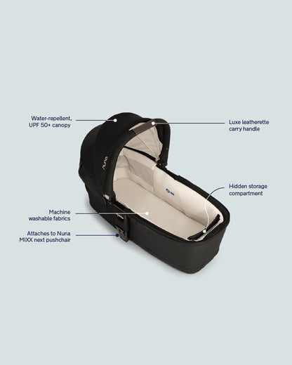 Nuna MIXX Next Carry Cot-Protective UPF 50+ Canopy-Compact Flat Fold-Non Slip Feet-For 0M+ (Upto 9 Kg)-Caviar