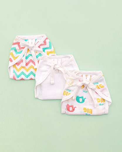 BeeLittle Ira The Elephant Knotted Nappy-Organic Cotton-Washable & Reusable-0 to 3M-Pack of 3